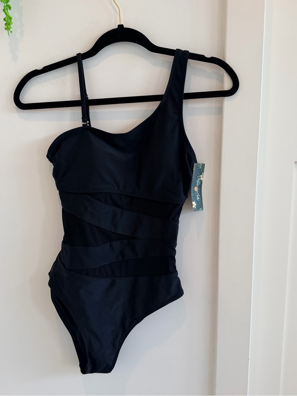 Blooming Jelly Mesh Detail One-Shoulder Black Women's One-Piece Swimsuit